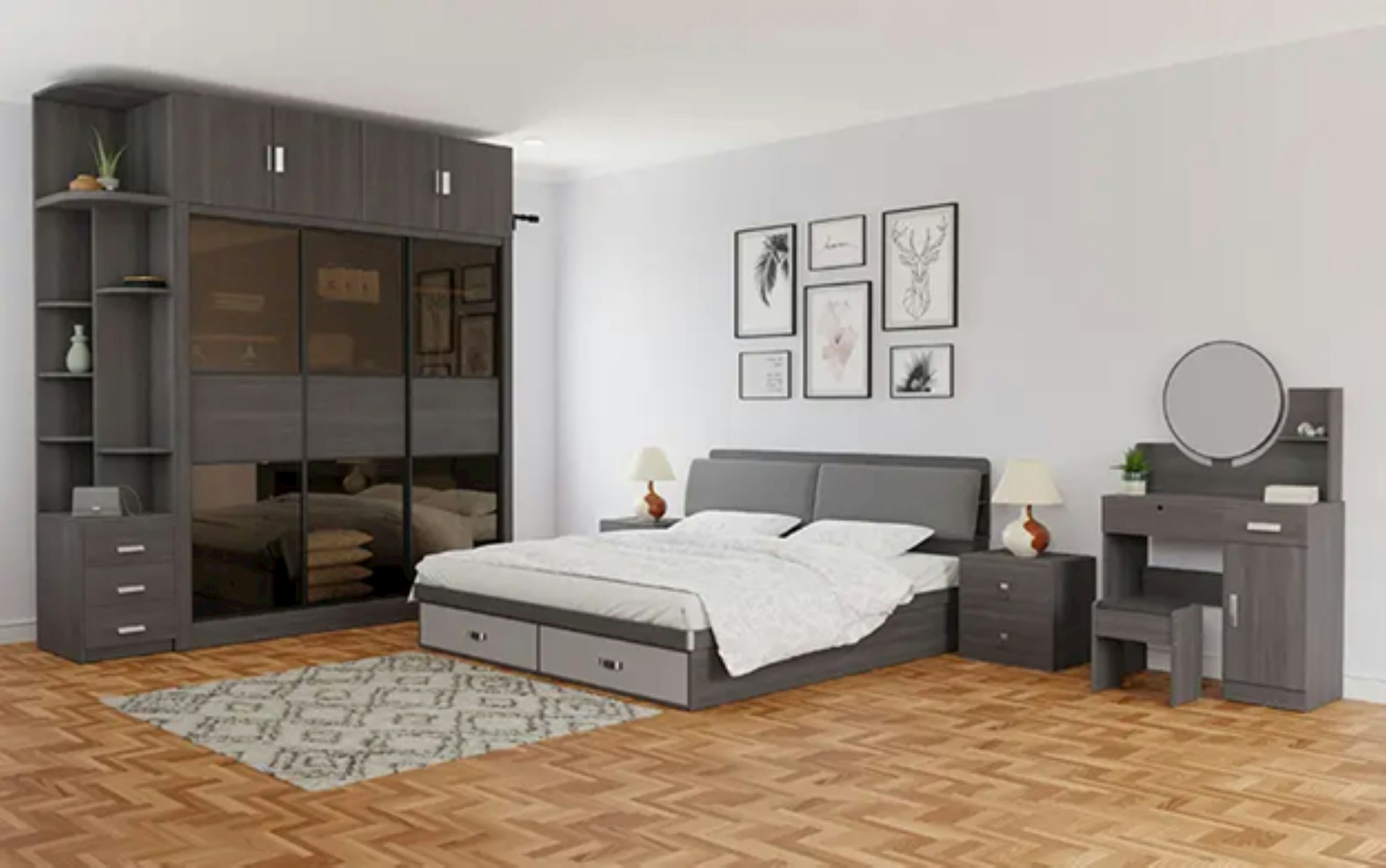 A modern bedroom with furniture and decor.